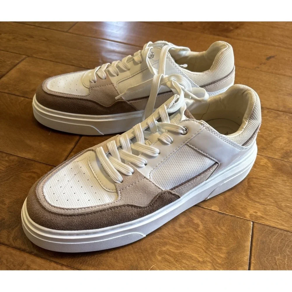 ALDO Men's Low Top Lace Sneakers White Beige Colorblock Sz 10.5 Euro 43.5 Casual
